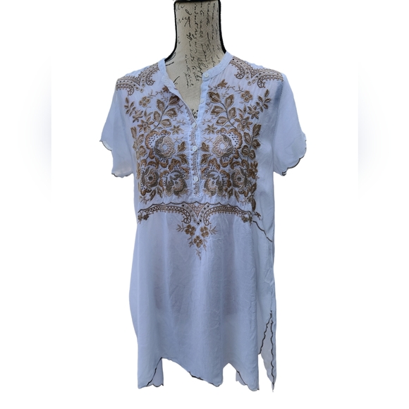 Johnny Was Eyelet Floral Embroidered Tunic Top 1/2 Button Front White Size Small - Picture 1 of 9